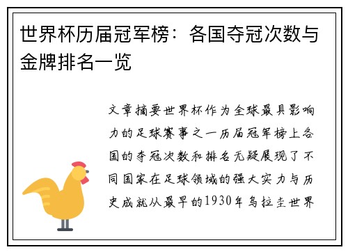 世界杯历届冠军榜：各国夺冠次数与金牌排名一览