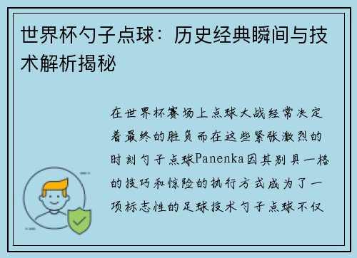 世界杯勺子点球：历史经典瞬间与技术解析揭秘