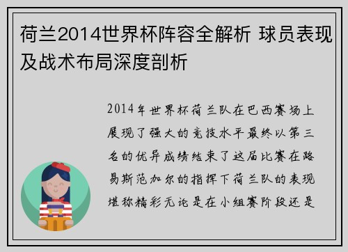 荷兰2014世界杯阵容全解析 球员表现及战术布局深度剖析