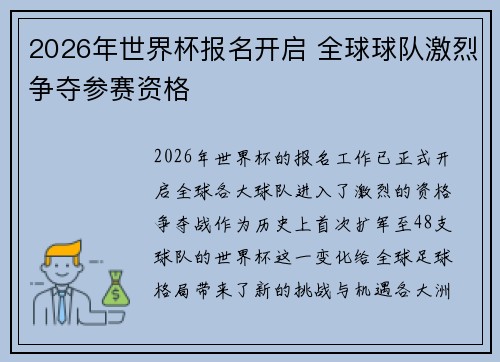 2026年世界杯报名开启 全球球队激烈争夺参赛资格