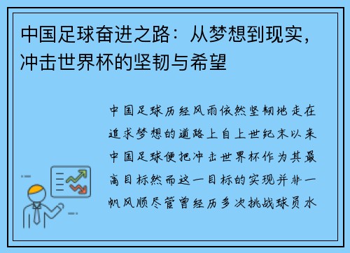 中国足球奋进之路：从梦想到现实，冲击世界杯的坚韧与希望
